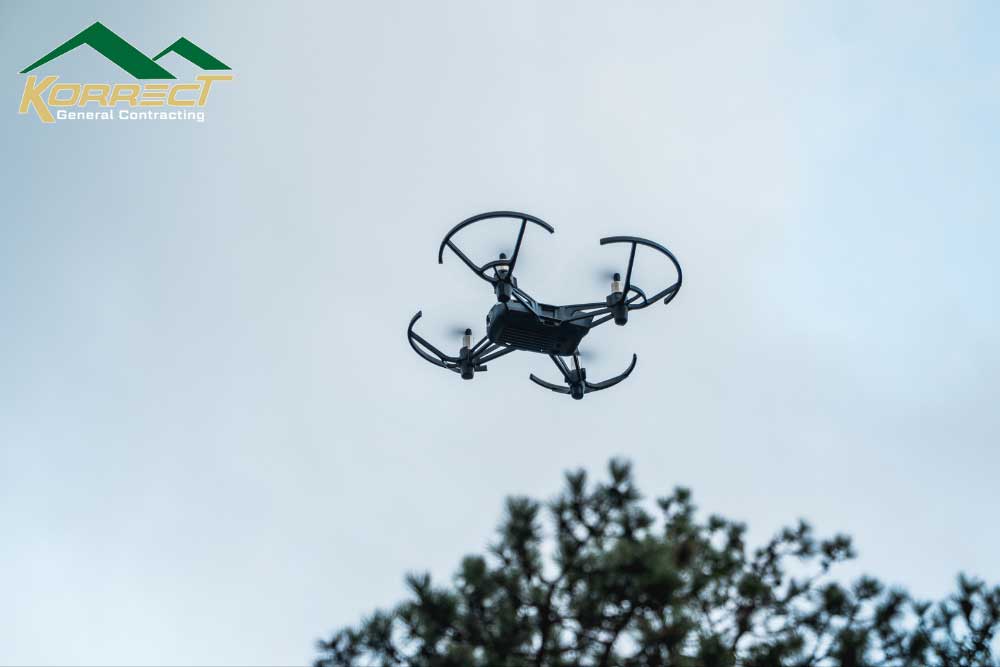 Drone in flight used for professional roof inspections in Fort Worth by Korrect General Contracting.
