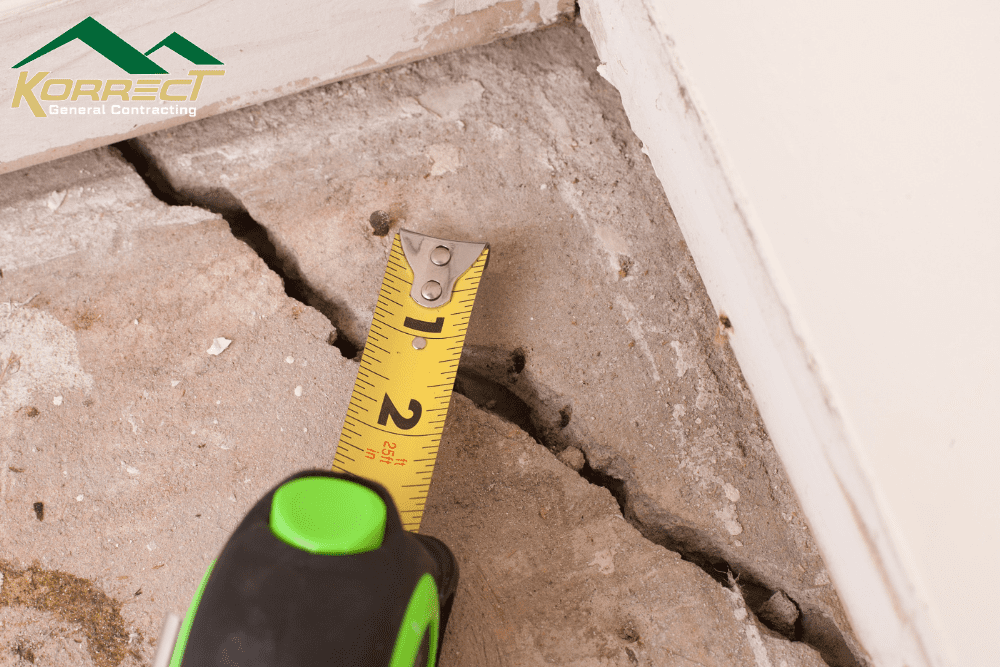 Tape measure inspecting floor crack during foundation damage assessment by Korrect General Contracting in Fort Worth.