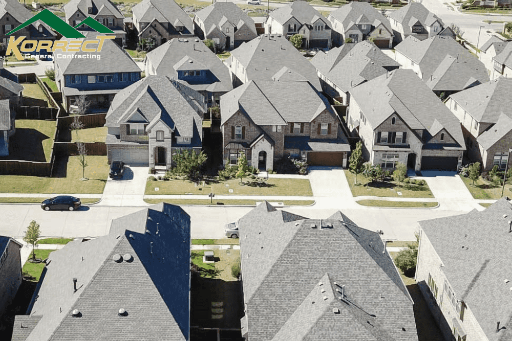 Aerial view of a DFW neighborhood showing upgraded roofs and shingles completed by Korrect General Contracting.