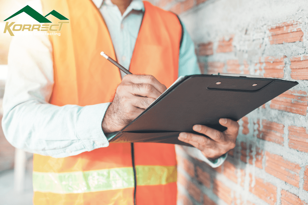 A construction worker in a high-visibility vest writing on a clipboard while inspecting the brick wall of a building under construction. The Korrect General Contracting logo is visible in the top left corner.