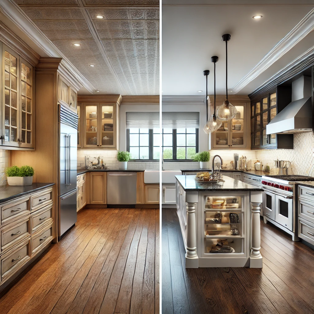 Kitchen Remodel A split image shows two stylish kitchens with wooden floors, modern appliances, and elegant lighting. The left side features warm tones, while the right has cooler shades. This showcases kitchen remodeling, a service offered by DFW contractors.| Korrect General Contracting Fort Worth TX