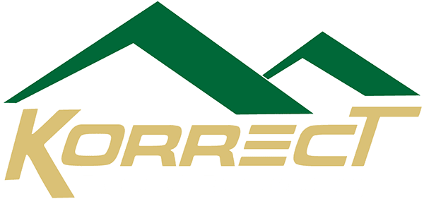 The image displays the logo of Korrect General Contracting, featuring stylized green rooftops above the company name in bold letters, emphasizing their expertise in Fort Worth roofing and related services.| Korrect General Contracting Fort Worth TX