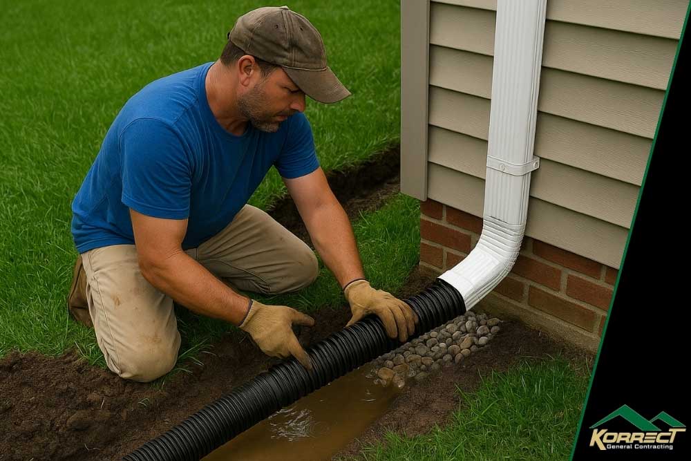 Installing a black drainage pipe beneath a gutter downspout next to a house, with muddy water and grass visible, by Korrect General Contracting