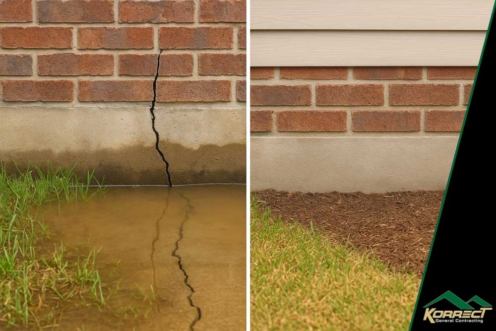 Side-by-side comparison showing a brick foundation with water and a large crack on the left, and a dry, well-maintained foundation on the right, by Korrect General Contracting