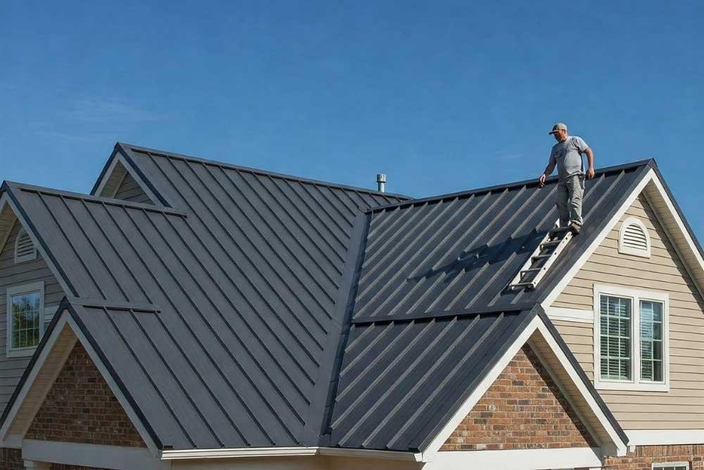 Metal standing seam roof installation in progress by Korrect Roofing professional.