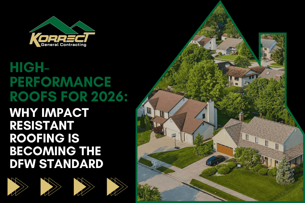 Promotional graphic for Korrect General Contracting highlighting high performance roofing upgrades for 2026 in DFW.