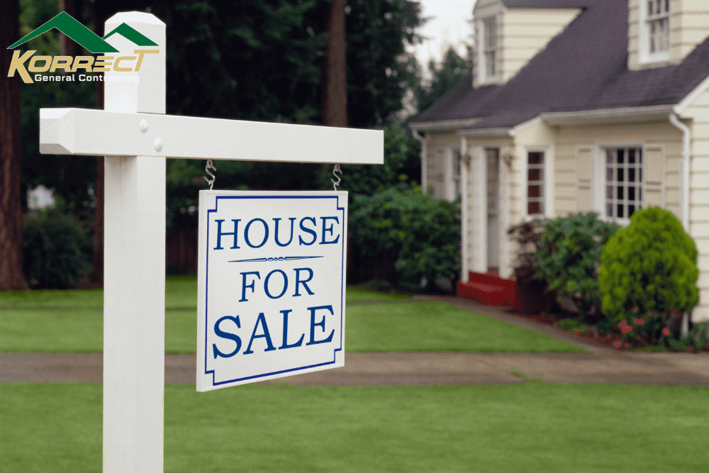 A house for sale with a visible "House for Sale" sign in the yard, showcasing the home's front exterior, ideal for a real estate inspection scenario. The Korrect General Contracting logo is visible in the top left corner.