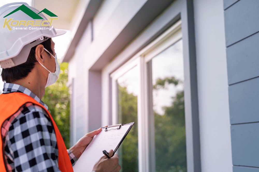 A building inspector with a hard hat, safety vest, and mask, taking notes on a clipboard while inspecting the exterior of a home with a focus on the window frame. The Korrect General Contracting logo is visible in the top left corner.
