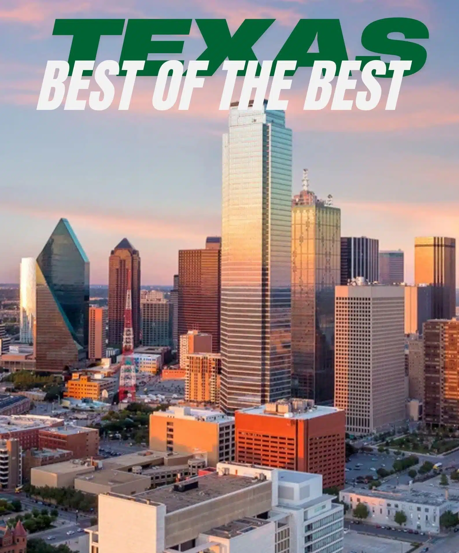 Aerial view of Dallas Fort Worth skyline at sunset, showcasing tall, reflective skyscrapers with a pink and orange sky. The city is known for its vibrant business district and services like Fort Worth roofing and foundation repair.| Korrect General Contracting Fort Worth TX
