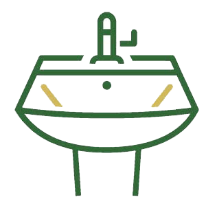 Illustration of a bathroom sink with a faucet and handles, outlined in green. The design is simple and modern, suitable for bathroom remodeling projects. The image relates to DFW contractor services, emphasizing style and functionality.| Korrect General Contracting Fort Worth TX