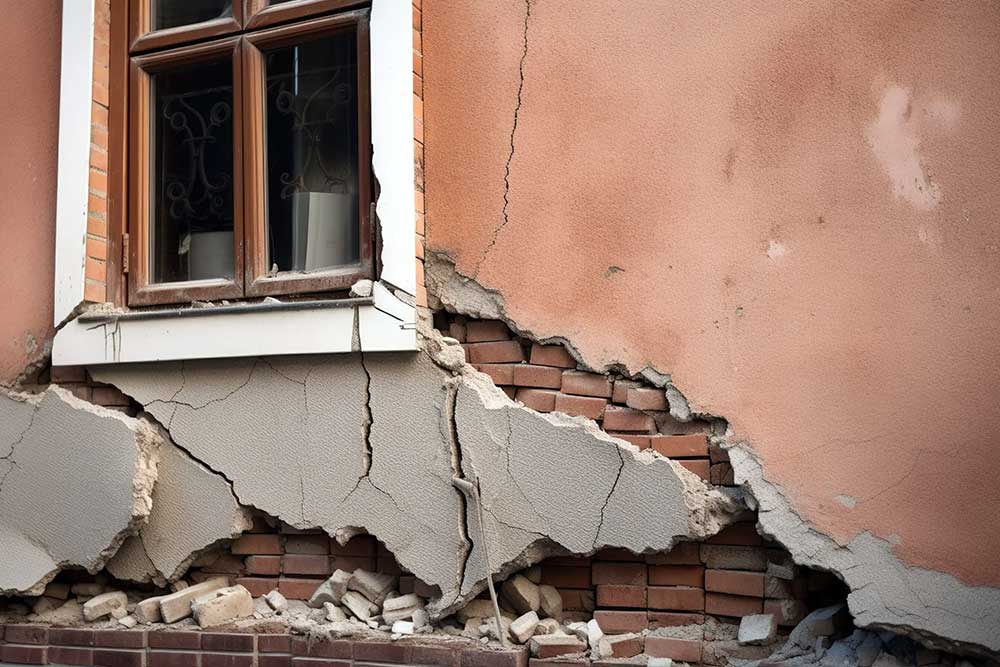 A brick wall with severe foundation cracks and damaged plaster near a window, revealing underlying bricks. This image highlights the need for foundation repair, a service provided by DFW contractors to address structural issues in homes.| Korrect General Contracting Fort Worth TX