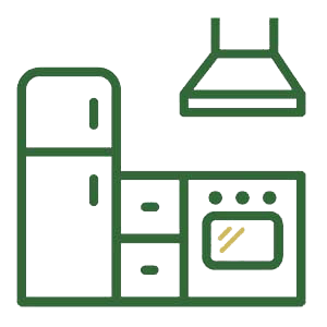 A simple line drawing of a kitchen setup, featuring a refrigerator, stove, and range hood, representing kitchen remodeling services offered by a DFW contractor.| Korrect General Contracting Fort Worth TX