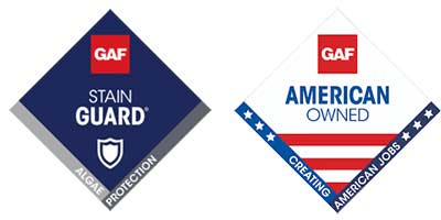 Two square logos of GAF; the left is dark blue with "Stain Guard" and a shield icon, the right is white with "American Owned" and…| Korrect General Contracting Fort Worth TX