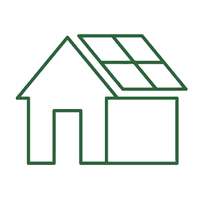 A simple green outline of a house with a solar panel on its roof, representing eco-friendly energy solutions. This symbol highlights solar panel installation services offered by a DFW contractor.| Korrect General Contracting Fort Worth TX